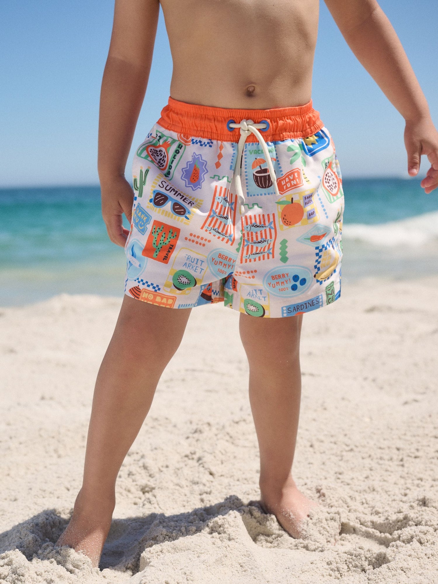 White Postcard Printed Swim Shorts (3mths-7yrs) - Size 3-6 Months (62-68cm) - Default 1