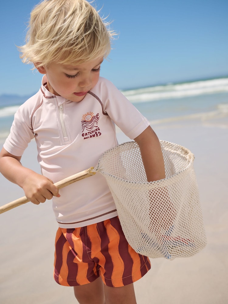 Orange/Ecru Short Sleeve Sunsafe Rash Vest and Swim Shorts Set (3mths-7yrs) - Size 3-6 Months (62-68cm) - Orange/Ecru