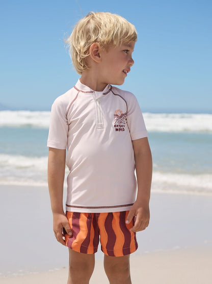 Orange/Ecru Short Sleeve Sunsafe Rash Vest and Swim Shorts Set (3mths-7yrs) - Size 3-6 Months (62-68cm)