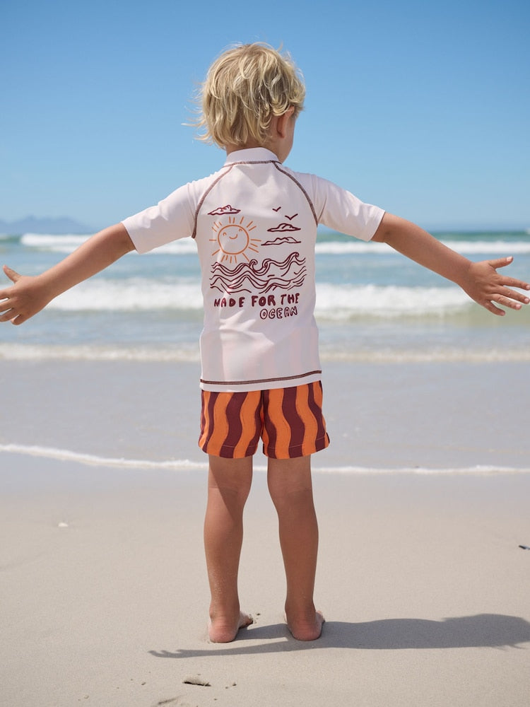 Orange/Ecru Short Sleeve Sunsafe Rash Vest and Swim Shorts Set (3mths-7yrs) - Size 3-6 Months (62-68cm)