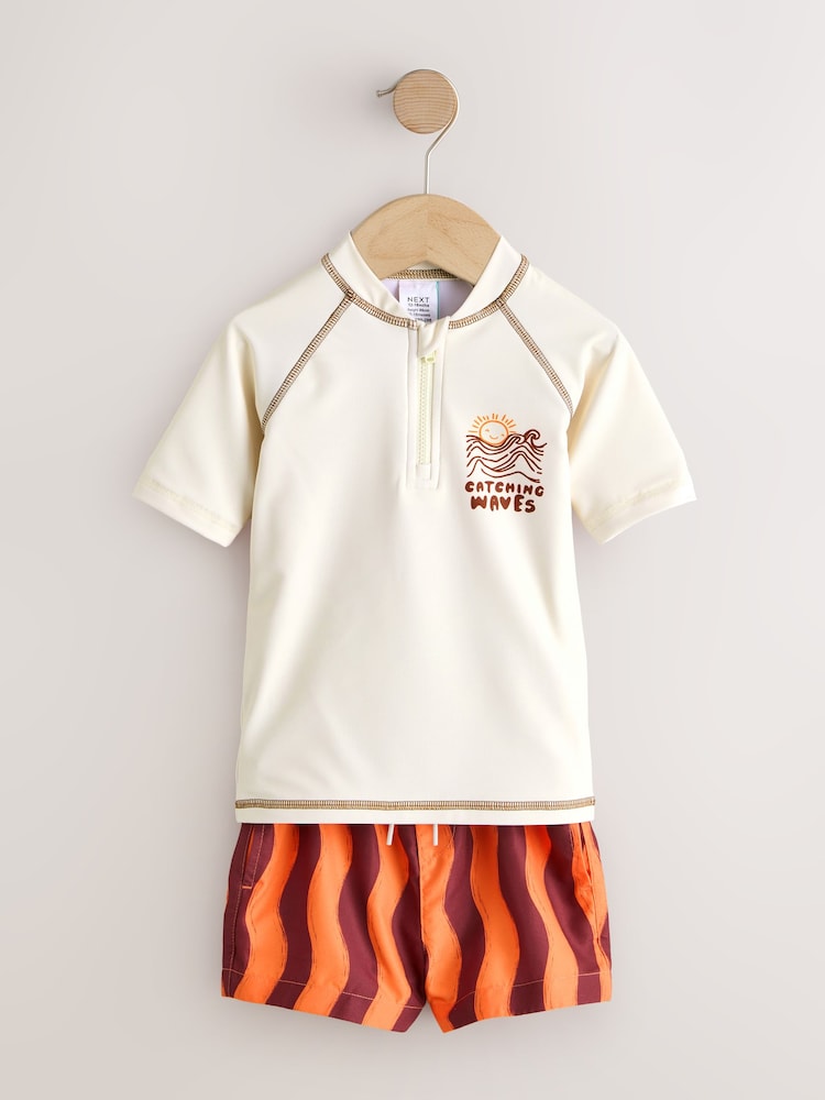 Orange/Ecru Short Sleeve Sunsafe Rash Vest and Swim Shorts Set (3mths-7yrs) - Size 3-6 Months (62-68cm)