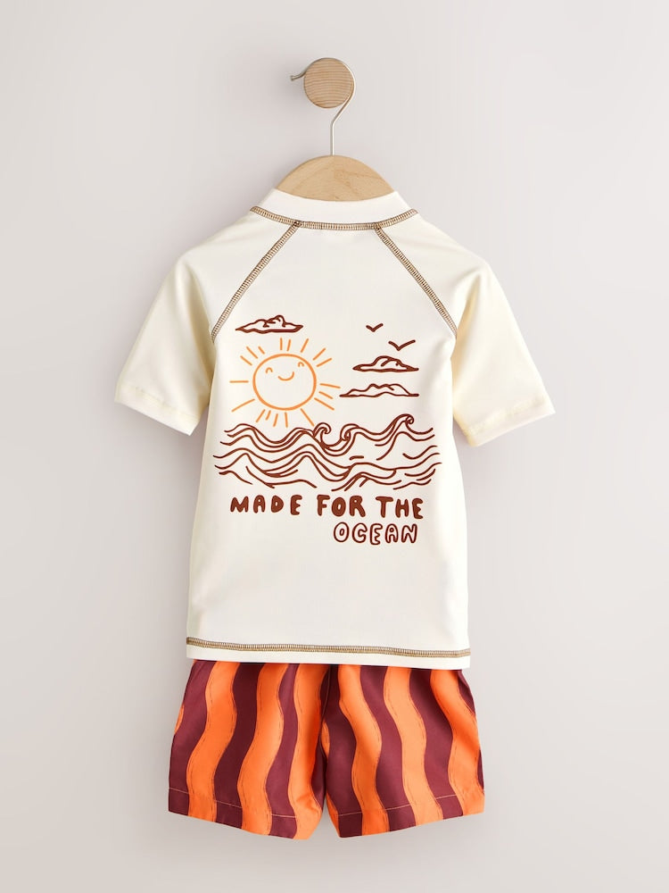 Orange/Ecru Short Sleeve Sunsafe Rash Vest and Swim Shorts Set (3mths-7yrs) - Size 3-6 Months (62-68cm)