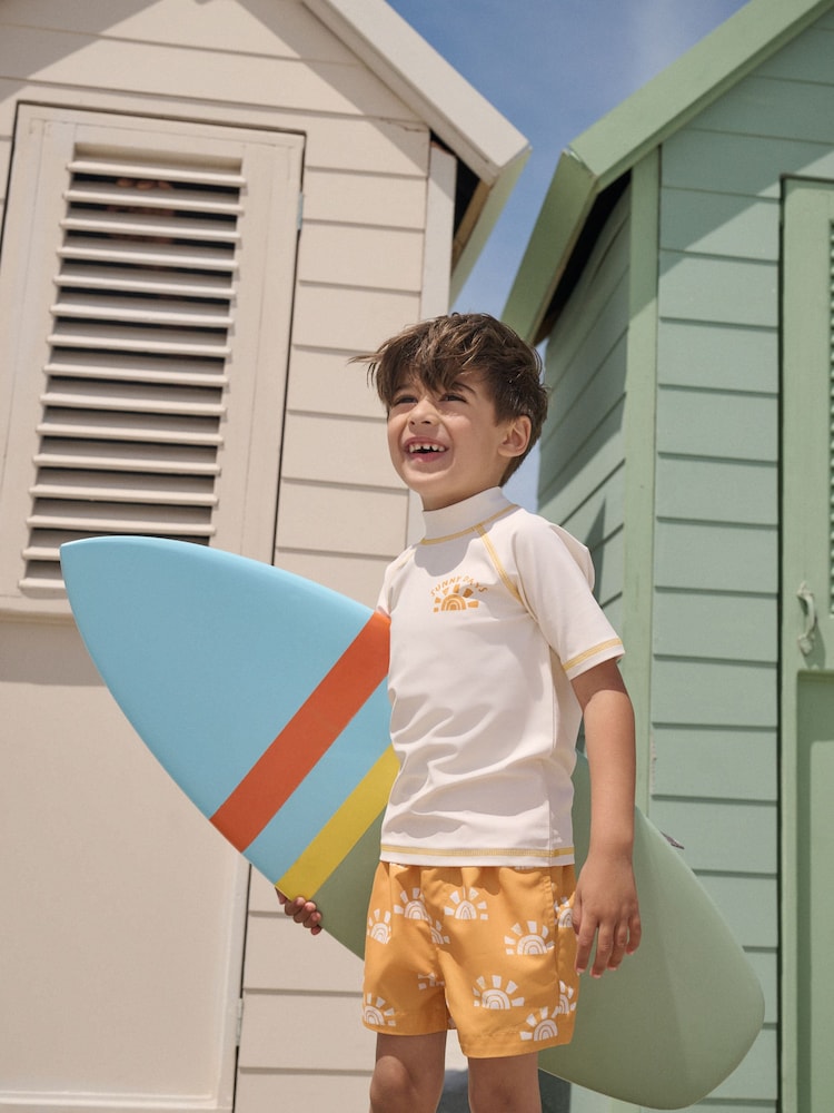 Yellow/Orange Short Sleeve Sunsafe Rash Vest and Swim Shorts Set (3mths-7yrs) - Size 3-6 Months (62-68cm) - Yellow/Orange