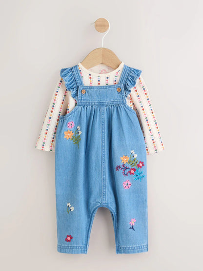 Embroidered Denim Dungarees and Long Sleeve Bodysuit Set 2 Piece (0mths-3yrs)