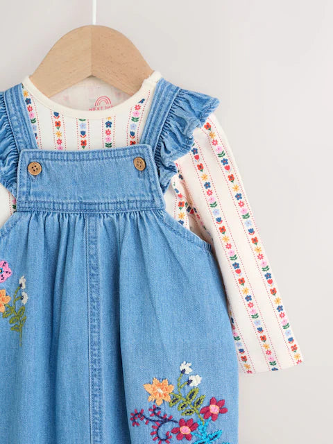 Embroidered Denim Dungarees and Long Sleeve Bodysuit Set 2 Piece (0mths-3yrs)