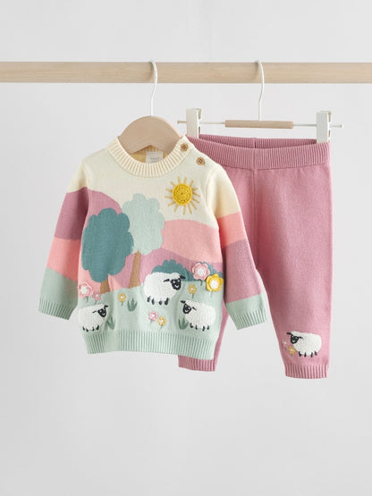 Pink Sheep Scene Baby Knitted Jumper and Leggings Set 2 Piece (0mths-2yrs)