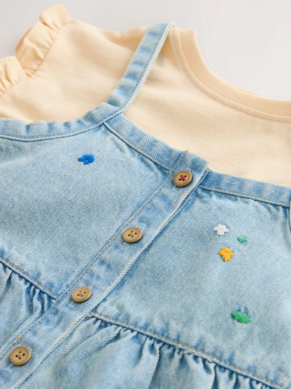 Mid Blue Floral Embroidered Denim Playsuit and T-Shirt (3mths-7yrs)