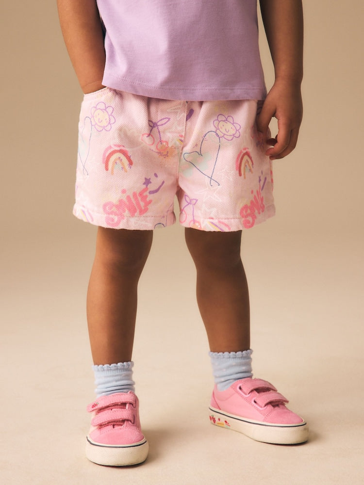 Pink Graffiti Print Pull On Denim Shorts (3mths-10yrs) - Pink Graffiti Print Pull On Denim / 12-18 Months (80-86cm)