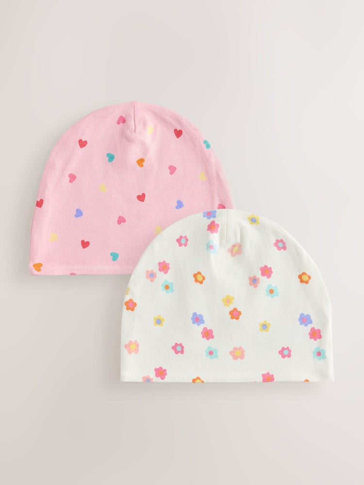 Pink Heart/Green Flower Jersey Beanie 2 Pack (3mths-16yrs) - Pink Heart/Green Flower / 10-11 Years (140-146cm)