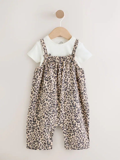 Leopard Print Baby Jersey Dungarees and Bodysuits Set 2 Piece (0mths-3yrs)
