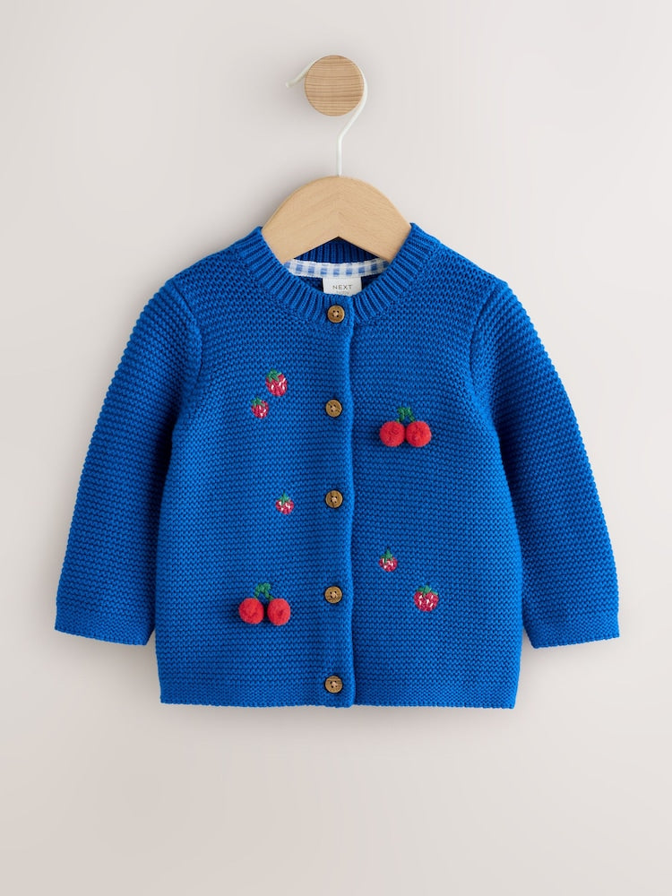 Blue Embroidered Cherry Cardigan (0mths-2yrs) - Size 50cm (First Size) - Blue Embroidered Cherry