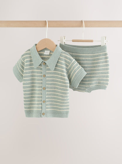 Sage Green Stripe Knitted Top and Shorts Baby Set (0mths-2yrs) - Sage Green Stripe / 12-18 Months (80-86cm)