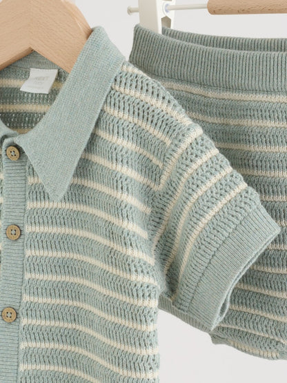 Sage Green Stripe Knitted Top and Shorts Baby Set (0mths-2yrs)
