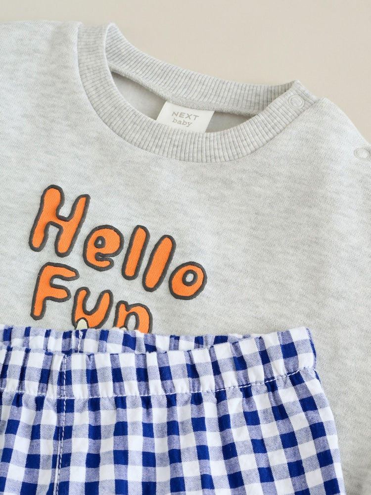Blue Check Hello Fun Sweatshirt and Trousers Baby Set (0mths-2yrs)
