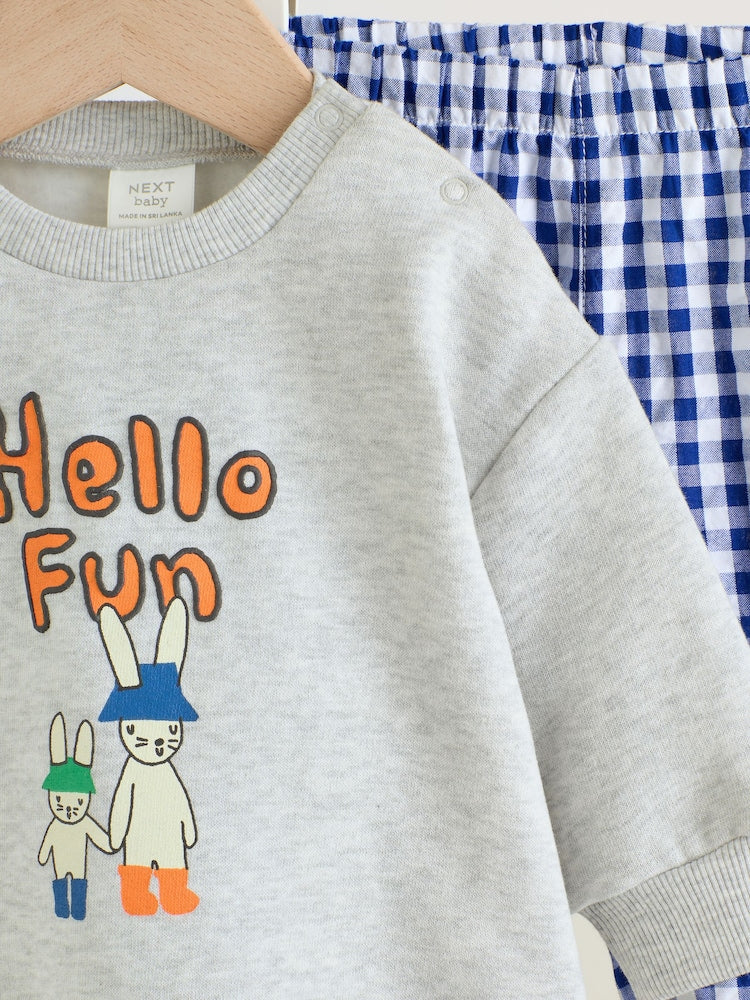Blue Check Hello Fun Sweatshirt and Trousers Baby Set (0mths-2yrs)