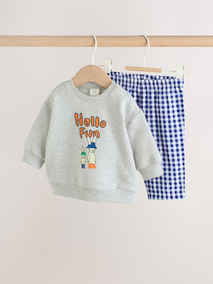 Blue Check Hello Fun Sweatshirt and Trousers Baby Set (0mths-2yrs)