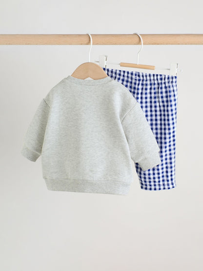 Blue Check Hello Fun Sweatshirt and Trousers Baby Set (0mths-2yrs)