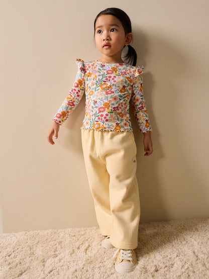 Orange Ditsy Floral Long Sleeve Ribbed Frill Top (3mths-7yrs) - Orange Ditsy Floral / 12-18 Months (80-86cm)