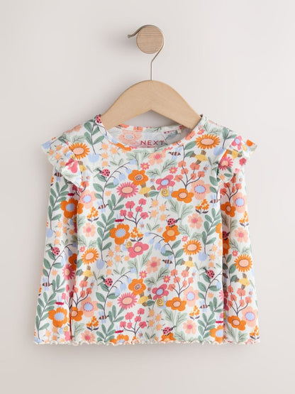 Orange Ditsy Floral Long Sleeve Ribbed Frill Top (3mths-7yrs)