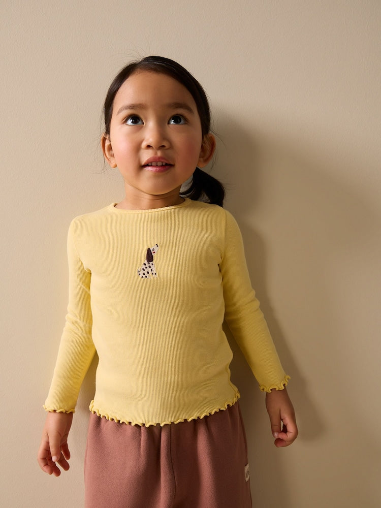 Lemon Yellow Dog Long sleeve Embroidered Ribbed Top (3mths-7yrs) - Lemon Yellow Dog / 12-18 Months (80-86cm)