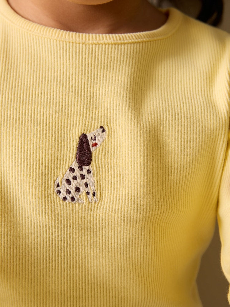 Lemon Yellow Dog Long sleeve Embroidered Ribbed Top (3mths-7yrs)