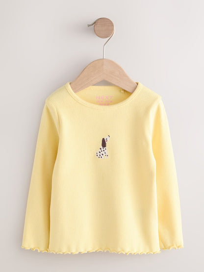 Lemon Yellow Dog Long sleeve Embroidered Ribbed Top (3mths-7yrs)