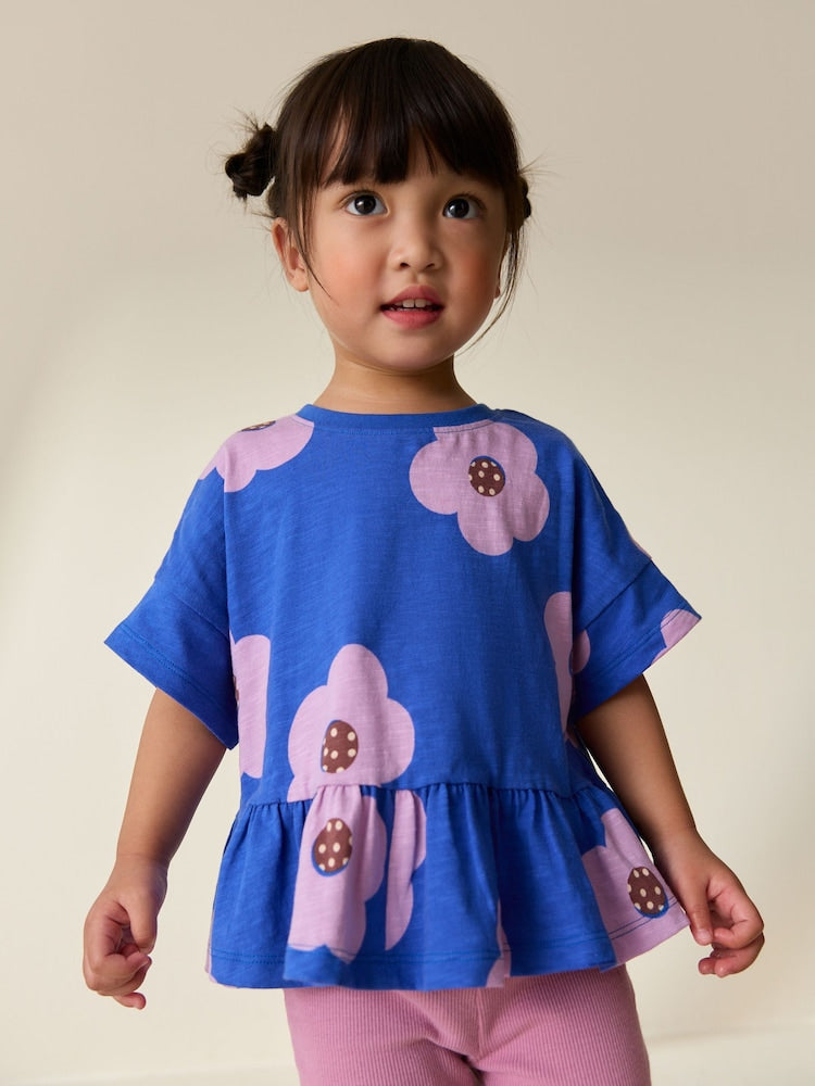 Blue Lilac Flower Short Sleeve Peplum T-Shirt (3mths-7yrs) - Blue Lilac Flower / 12-18 Months (80-86cm)