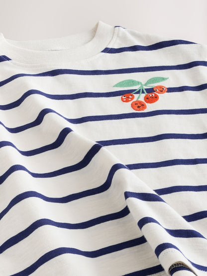 Ecru/Navy Stripe Cherry Short Sleeve Embroidered T-Shirt (3mths-7yrs)