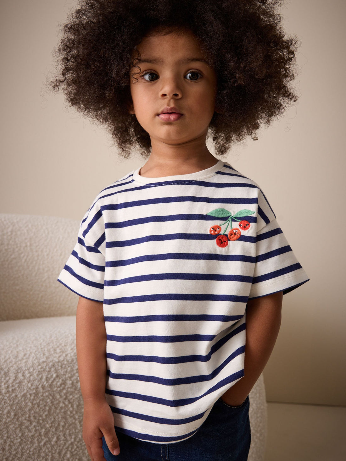 Ecru/Navy Stripe Cherry Short Sleeve Embroidered T-Shirt (3mths-7yrs)