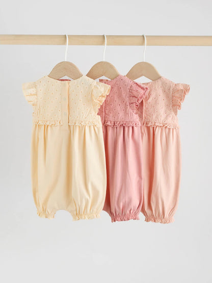 Tonal Pink Broderie 3 Pack Baby Rompers