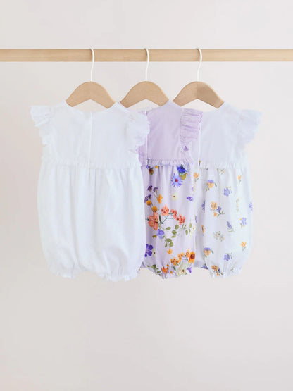 Purple and White Floral Broderie Broderie 3 Pack Baby Rompers