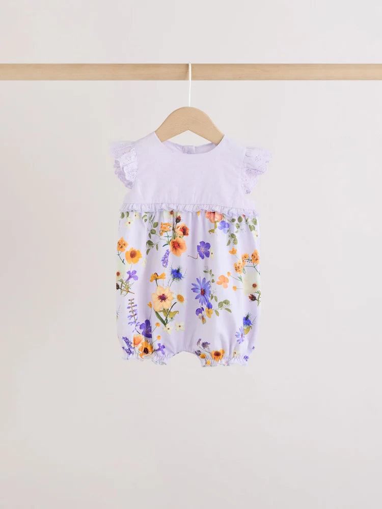 Purple and White Floral Broderie Broderie 3 Pack Baby Rompers