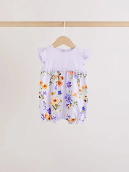 Purple and White Floral Broderie Broderie 3 Pack Baby Rompers