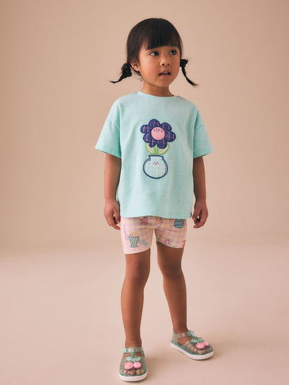 Blue Flower Short Sleeve T-Shirt and Cycle Shorts Set (3mths-7yrs) - Blue Flower / 12-18 Months (80-86cm)