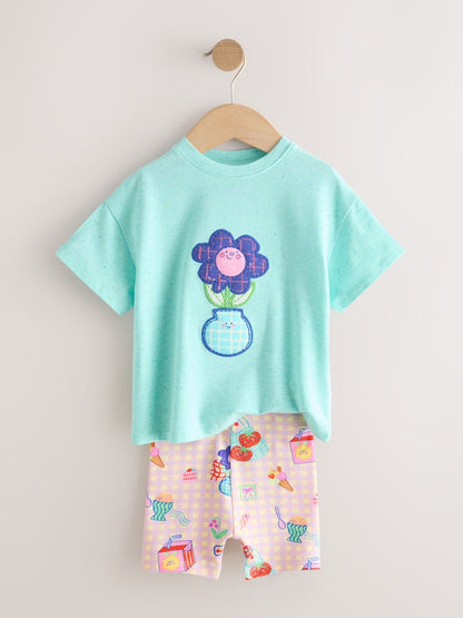 Blue Flower Short Sleeve T-Shirt and Cycle Shorts Set (3mths-7yrs)