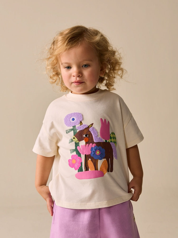Ecru White Horse Short Sleeve T-Shirt (3mths-7yrs)