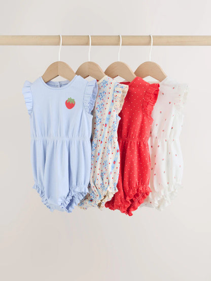 Blue Strawberry Frill Shoulder Baby Rompers 4 Pack