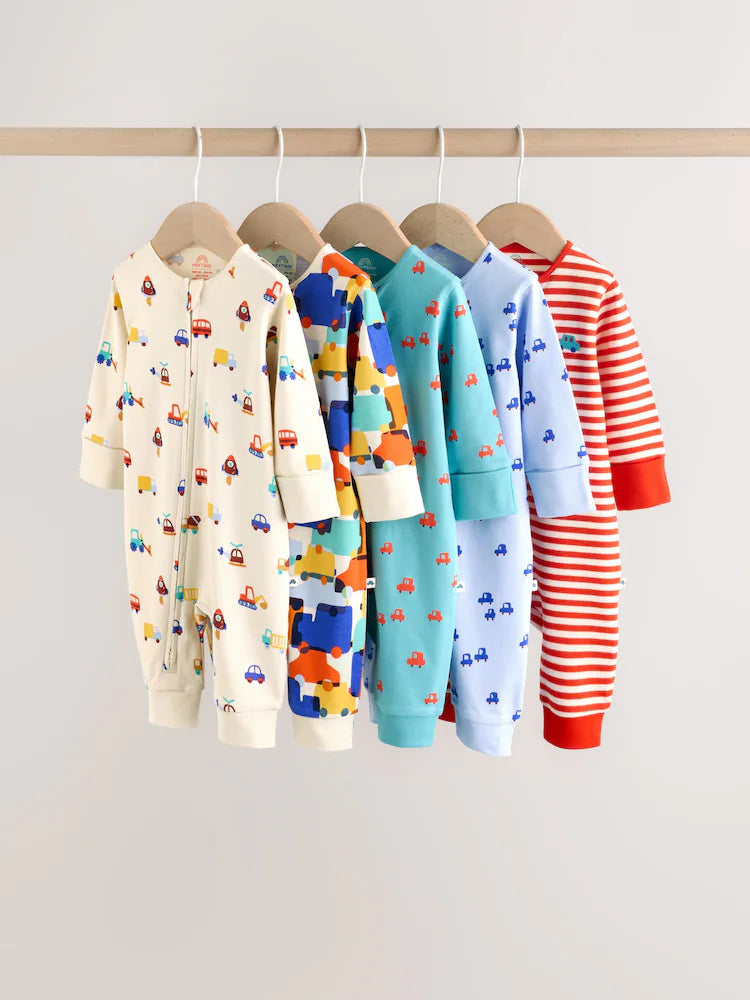 Multi Two Way Zip Baby Sleepsuit 5 Pack (0mths-3yrs)