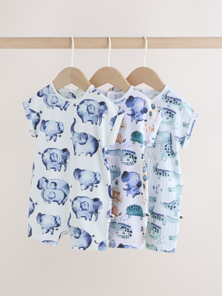 Blue Watercolour Animal Printed Popper Baby Jersey Rompers 3 Pack - 12-18 Months (80-86cm)