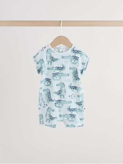 Blue Watercolour Animal Printed Popper Baby Jersey Rompers 3 Pack