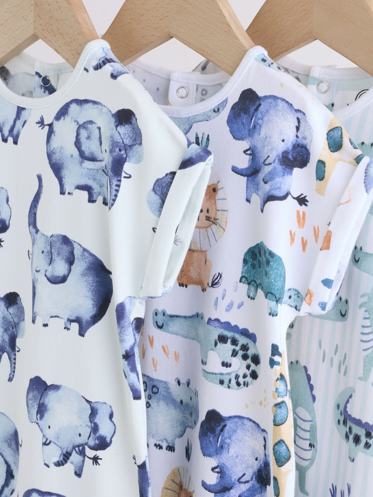 Blue Watercolour Animal Printed Popper Baby Jersey Rompers 3 Pack