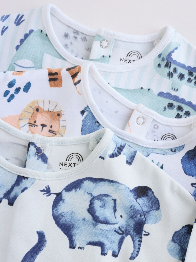 Blue Watercolour Animal Printed Popper Baby Jersey Rompers 3 Pack
