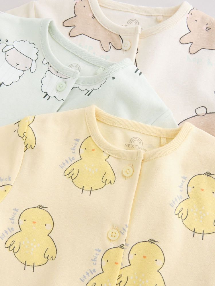 Yellow Spring/Character Button Through Baby Jersey Rompers 3 Pack
