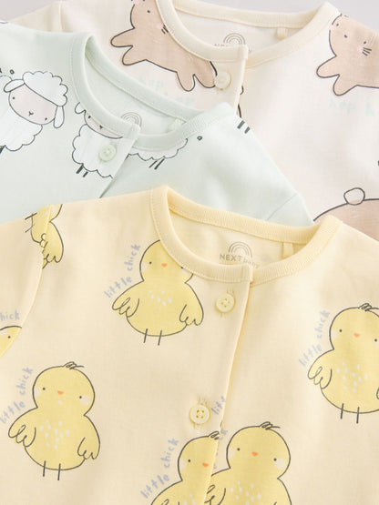 Yellow Spring/Character Button Through Baby Jersey Rompers 3 Pack