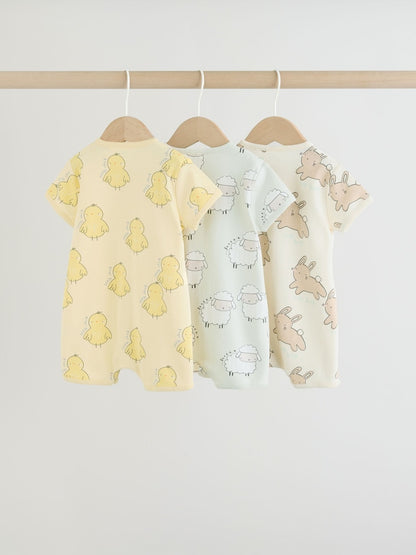 Yellow Spring/Character Button Through Baby Jersey Rompers 3 Pack