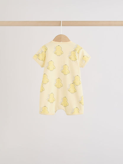 Yellow Spring/Character Button Through Baby Jersey Rompers 3 Pack