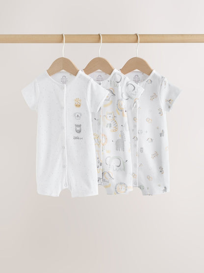 White Safari Animal Embroidered Jersey Baby Rompers 3 Pack - Size 50cm (First Size)