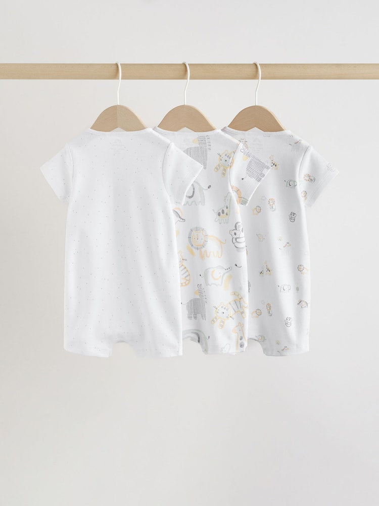 White Safari Animal Embroidered Jersey Baby Rompers 3 Pack - Size 50cm (First Size)