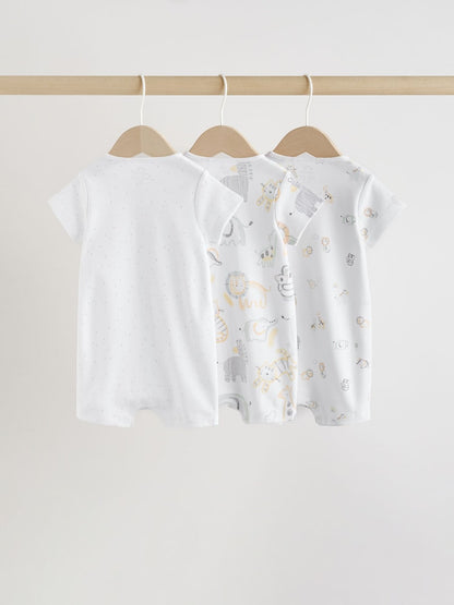White Safari Animal Embroidered Jersey Baby Rompers 3 Pack - Size 50cm (First Size)