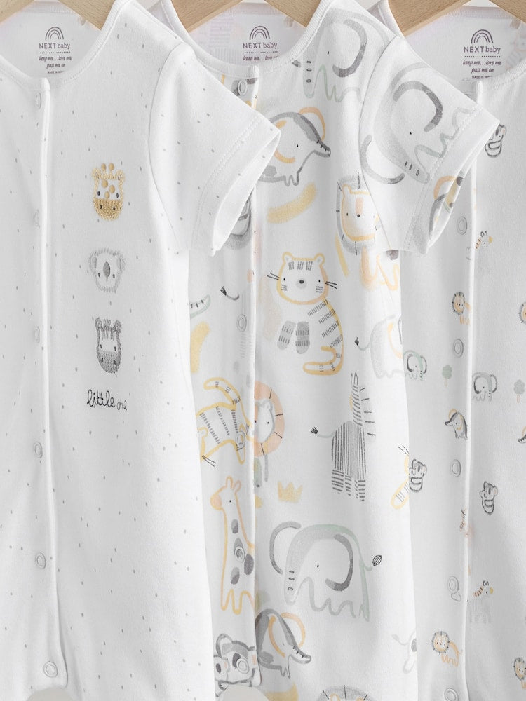 White Safari Animal Embroidered Jersey Baby Rompers 3 Pack - Size 50cm (First Size)